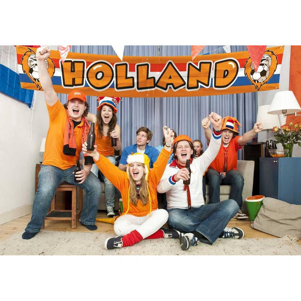 Oranje versiering buiten pakket 1x Holland banner 370x60 + 300 meter vlaggetjes - Feestpakketten