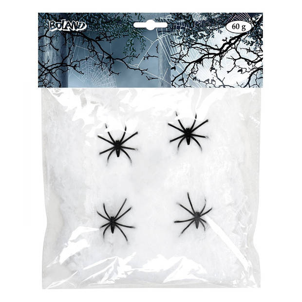 Boland Decoratie spinnenweb/spinrag met spinnen - 60 gram - wit - Halloween/horror versiering - Feestdecoratievoorwerp