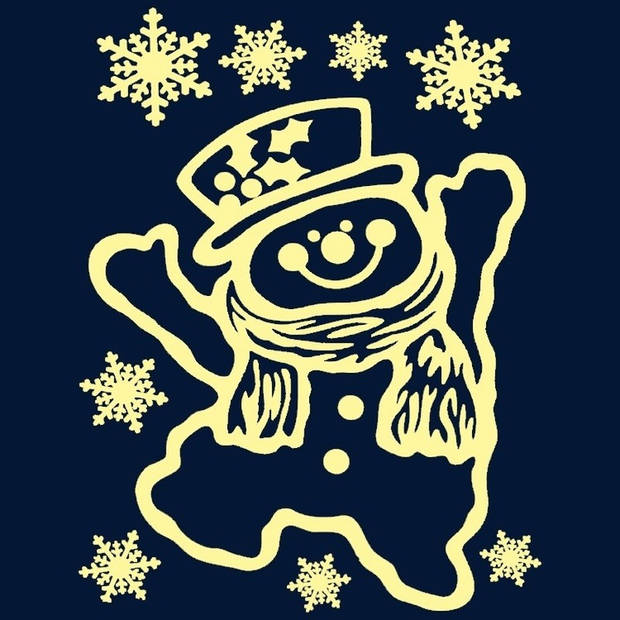 2x Kerst decoratie stickers sneeuwpop glow in the dark plaatjes 29,5 x 40 cm - Feeststickers