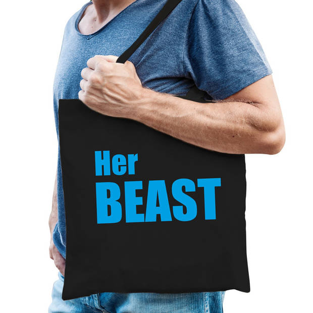 His beauty en her beast tassen / shoppers zwart katoen met blauwe en roze tekst voor volwassenen - Feest Boodschappentas