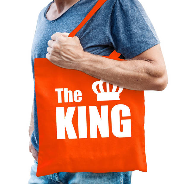 The king tas / shopper oranje katoen met witte tekst en kroon voor heren - Feest Boodschappentassen