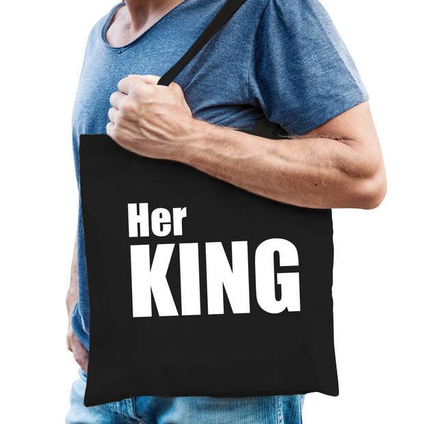 His queen en her king tassen / shoppers zwart katoen met witte tekst koppels / bruidspaar / echtpaar voor volwassenen -