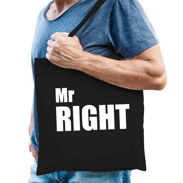 Mr right tas / shopper zwart katoen met witte tekst voor heren - Feest Boodschappentassen