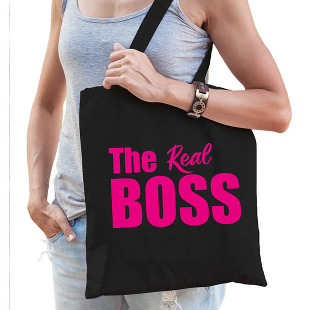 The real boss tas / shopper zwart katoen met roze tekst voor dames - Feest Boodschappentassen
