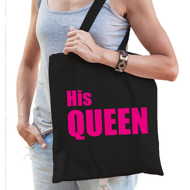 His queen tas / shopper zwart katoen met roze tekst voor dames - Feest Boodschappentassen