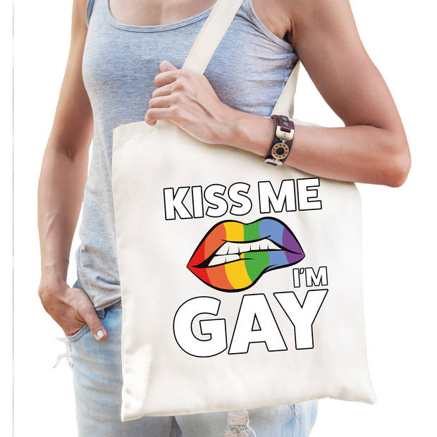 Kiss me Im gay regenboog katoenen tas wit - Feest Boodschappentassen
