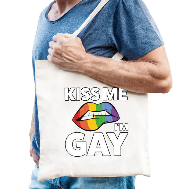 Kiss me Im gay regenboog katoenen tas wit - Feest Boodschappentassen