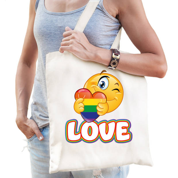 Bellatio Decorations Gay Pride tas - katoen - 42 x 38 cm - naturel - LHBTI - love - Feest Boodschappentassen