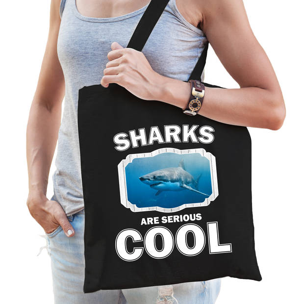 Katoenen tasje sharks are serious cool zwart - haaien/ haai cadeau tas - Feest Boodschappentassen