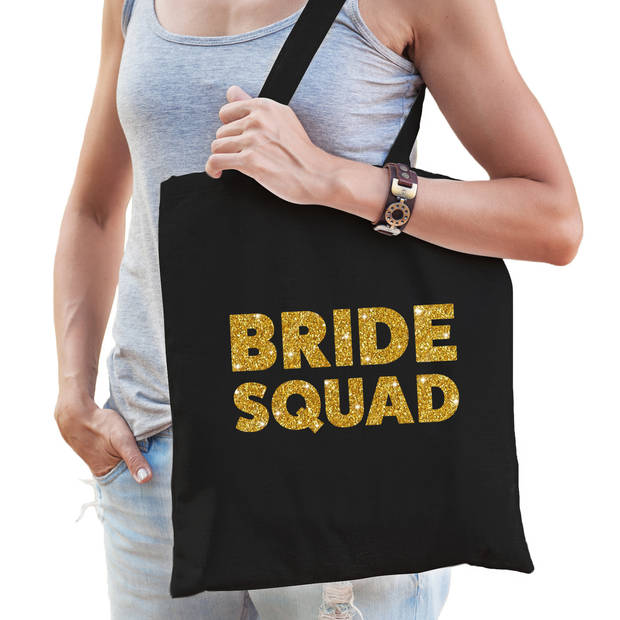 1x Vrijgezellen Bride Squad tasje zwart goud dikke letters dames - Feest Boodschappentassen
