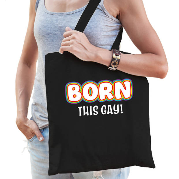 Bellatio Decorations Gay Pride tas - born this gay - katoen - 42 x 38 cm - zwart - LHBTI - Feest Boodschappentassen