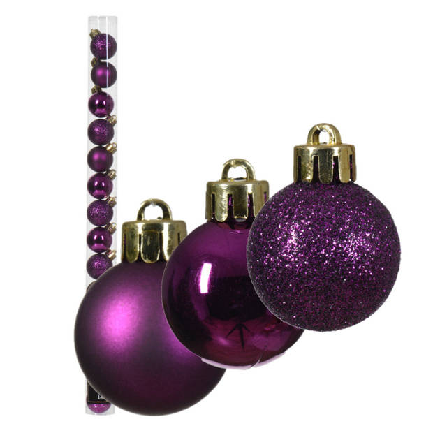 Kleine kerstballen - 28x st - parelmoer wit en paars - 3 cm - kunststof - Kerstbal