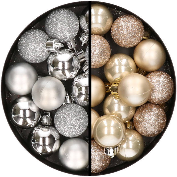 34x stuks kunststof kerstballen zilver en champagne 3 cm - Kerstbal