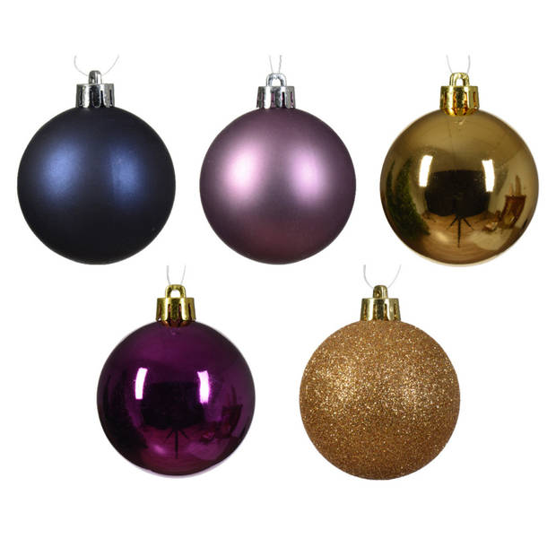 Decoris kerstballen - 30x -goud/blauw/paars - 6 cm -kunststof - Kerstbal