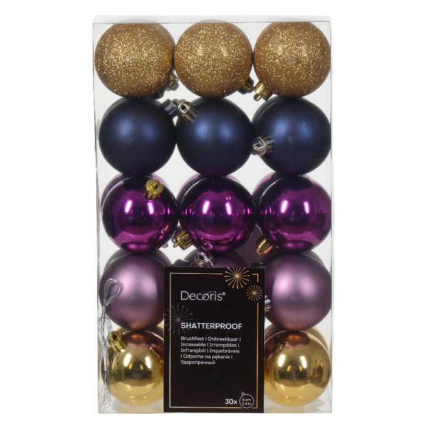 Kerstballen 30x - goud/blauw/paars- 6 cm -en ster piek paars- kunststof - Kerstbal