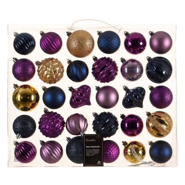 Decoris gedecoreerde kerstballen - 30x -plastic -blauw/goud/paars- 7cm - Kerstbal