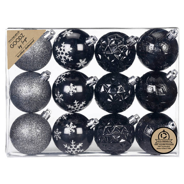 Inge Christmas kerstballen gedecoreerd - 24x - zwart - 6 cm -kunststof - Kerstbal