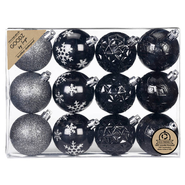 Inge Christmas kerstballen gedecoreerd - 12x - zwart - 6 cm -kunststof - Kerstbal