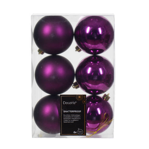 Decoris kerstballen - 6x - paars - 8 cm -kunststof - Kerstbal