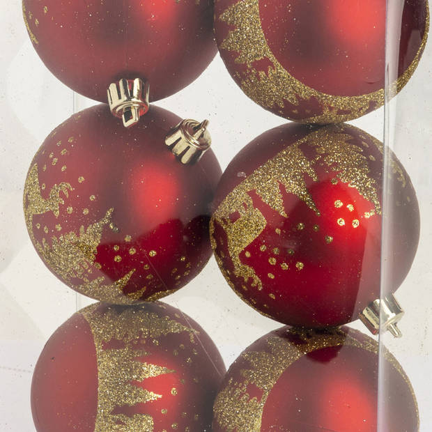 Cosy @ Home kerstballen gedecoreerd 6x - 8 cm - kunststof -rood/goud - Kerstbal
