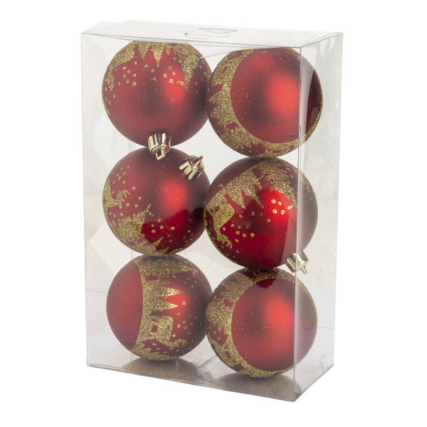 Cosy @ Home kerstballen gedecoreerd 6x - 8 cm - kunststof -rood/goud - Kerstbal