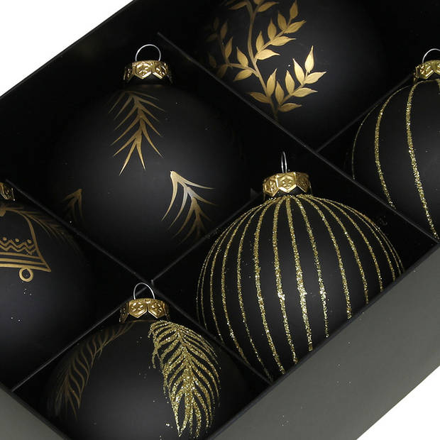 Othmar Decorations kerstballen - gedecoreerd - 6x - 8 cm - zwart - Kerstbal