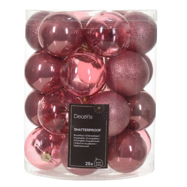 Decoris kerstballen - 25x stuks - 6 cm - kunststof -oudrozeAaA  - Kerstbal