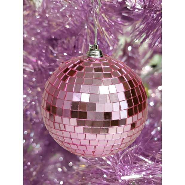 Othmar Decorations disco kerstballen - 2x - roze - 10 cm - kunststof - Kerstbal