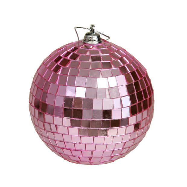 Kerstballen disco - 4x st - roze en zilver - 10 cm - kunststof - Kerstbal