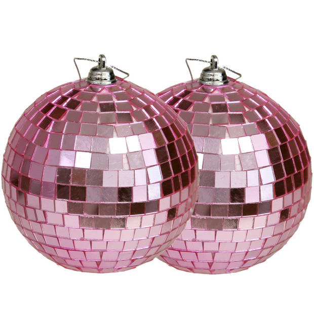 Grote discobal kerstballen - 2x stuks - roze - 10 cm - kunststof - Kerstbal