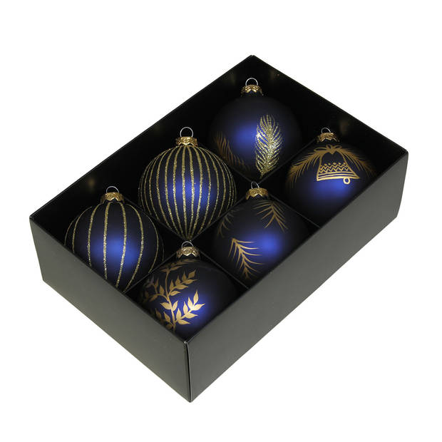 Othmar Decorations kerstballen - gedecoreerd - 12x - 8 cm - donkerblauw - Kerstbal