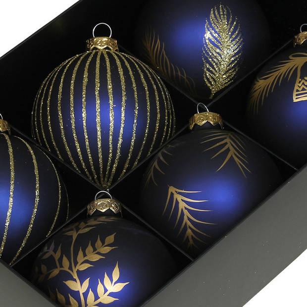 Othmar Decorations kerstballen - gedecoreerd - 6x - 8 cm - donkerblauw - Kerstbal
