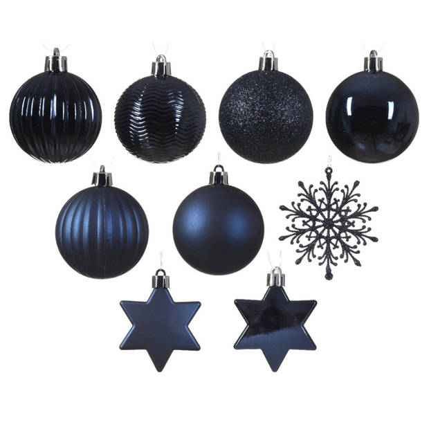 Decoris kerstballen en kersthangers - 40x - kunststof - donkerblauw - mix - Kerstbal