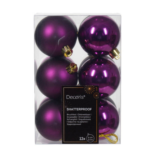 Kerstballen 24x stuks - mix parelmoer wit en paars - 6 cm - kunststof - Kerstbal