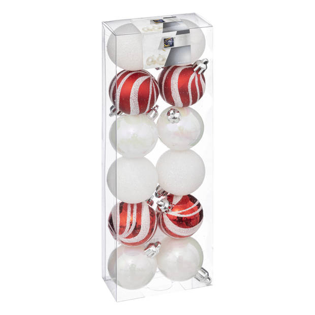 Atmosphera kerstballen -12x - D4 cm - parelmoer wit/rood - plastic - Kerstbal