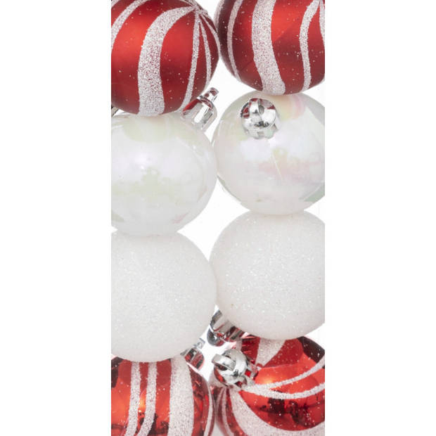 Atmosphera kerstballen - 24x- D4 cm - parelmoer wit/rood - plastic - Kerstbal