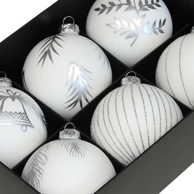 Othmar Decorations luxe kerstballen - gedecoreerd - 6x - 8 cm - wit - Kerstbal