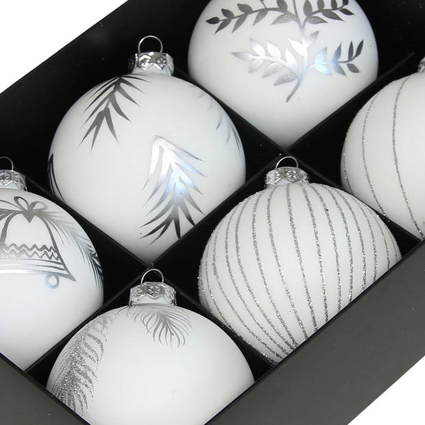 Othmar Decorations luxe kerstballen - gedecoreerd - 12x - 8 cm - wit - Kerstbal