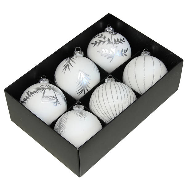 Othmar Decorations luxe kerstballen - gedecoreerd - 6x - 8 cm - wit - Kerstbal