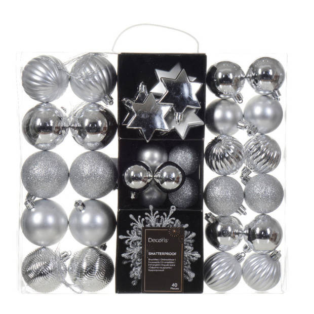 Kerstversiering- zilver - kerstballen, ornamenten, slinger - kunststof - Kerstbal