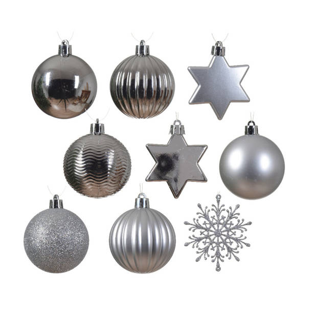 Decoris kerstballen en kersthangers - 40x - kunststof - zilver - mix - Kerstbal