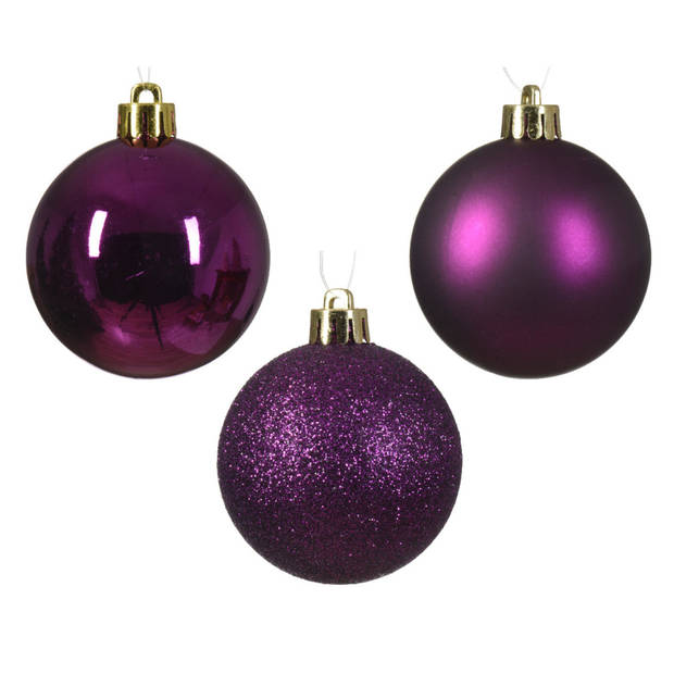 Kerstversiering -30x st kunststof kerstballen en glazen piek -paars - Kerstbal