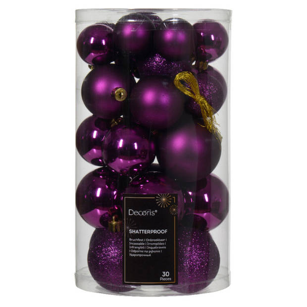 Decoris kerstballen - 30x - paars - 4, 5 en 6 cm -kunststof - Kerstbal