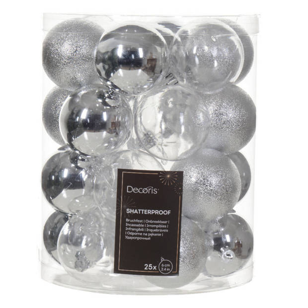 Decoris kerstballen - 25x stuks - 6 cm - kunststof -zilverA - Kerstbal