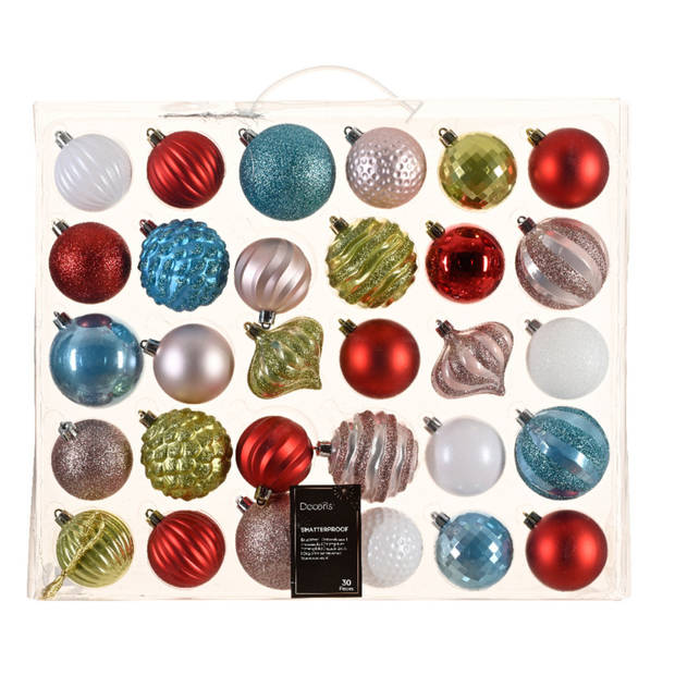 Decoris gedecoreerde kerstballen - 30x -plastic - gekleurd- 7cm - Kerstbal