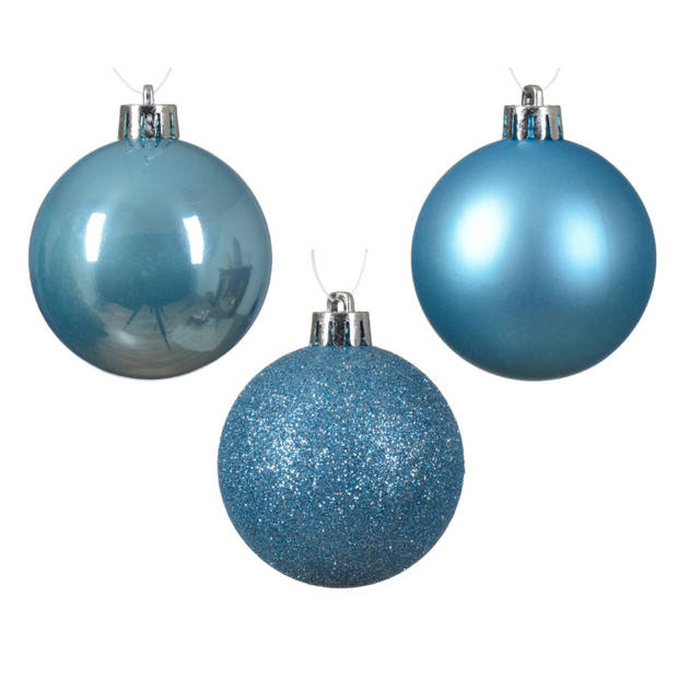 Kerstballen 60x stuks - mix zilver/ijsblauw - 4-5-6 cm - kunststof - Kerstbal