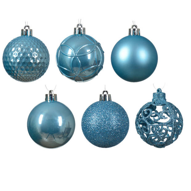 Decoris kerstballen - 74x st - turquoise blauw en ijsblauw - 6 cm - kunststof - Kerstbal