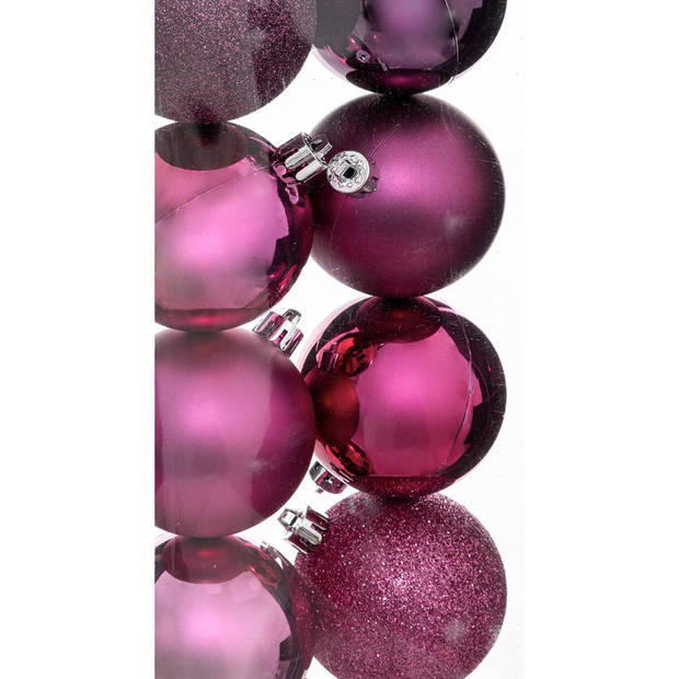 Kerstballen - 26x st - 3 en 7 cm - framboos roze - kunststof - Kerstbal