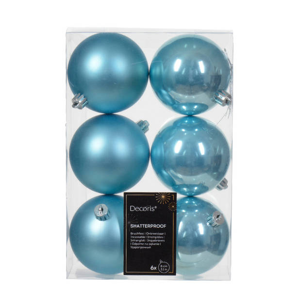 Decoris kerstballen - 6x - ijs blauw - 8 cm -kunststof - Kerstbal