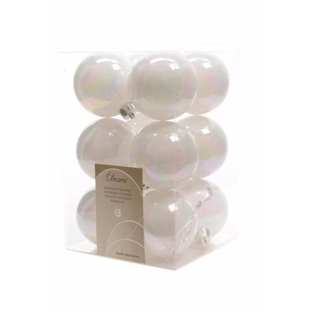 12x Parelmoer witte kunststof kerstballen met glazen piek glans - Kerstbal